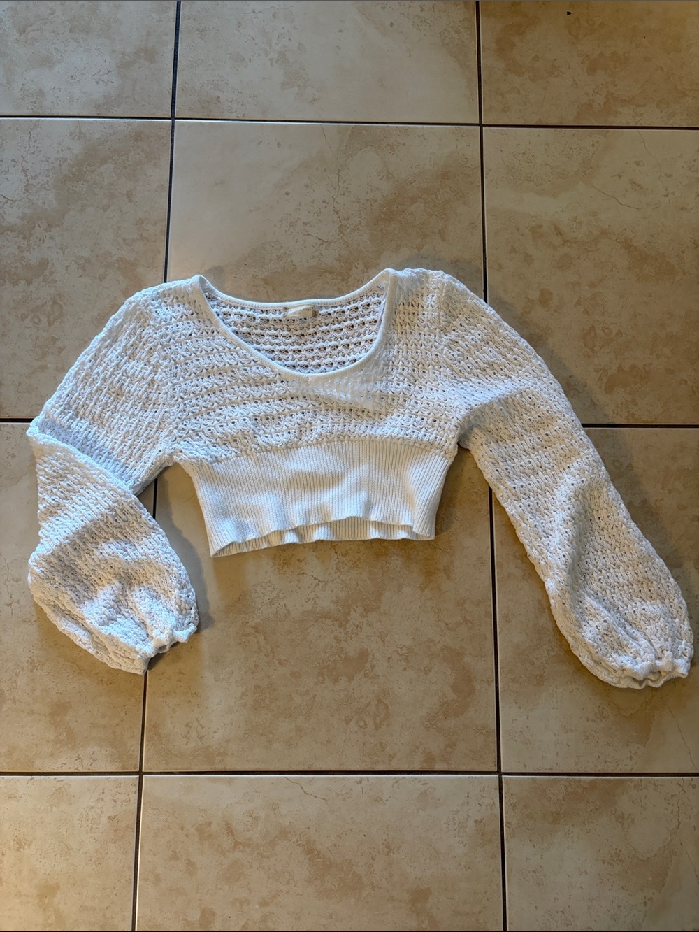 Altar'd State White Open-Knit Cropped Sweater with Balloon Sleeves